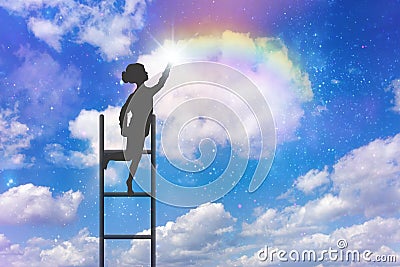 Climbing, stairway to heaven, dreams, hope, rainbow Stock Photo