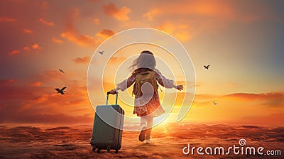 Dreams of travel! Child flying on a suitcase against the backdrop of a sunset Stock Photo