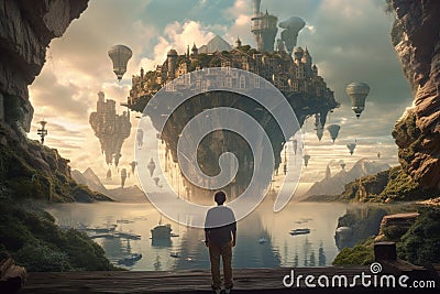 Dreamscape: A Surreal World of Floating Islands and Impossible Architecture Stock Photo