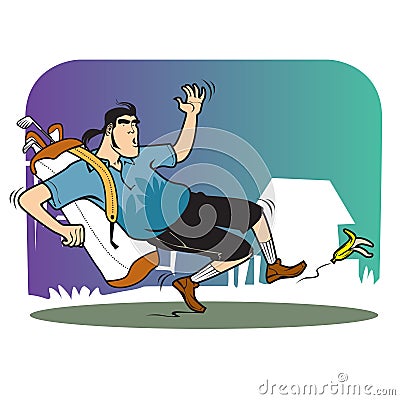 Funny Character - The Golfer Slipped Because of the Banana Vector Illustration