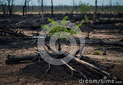 Resilience Rising: Birth of a Sapling After Forest Devastation Stock Photo
