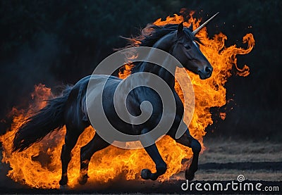 Inferno Charge: Black Unicorn Amidst Flames Stock Photo