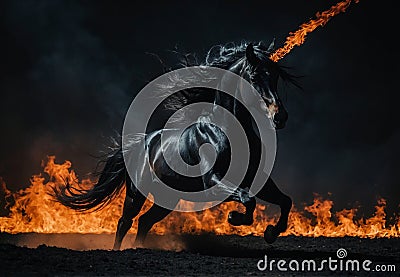 Inferno Charge: Black Horse Amidst Flames Stock Photo