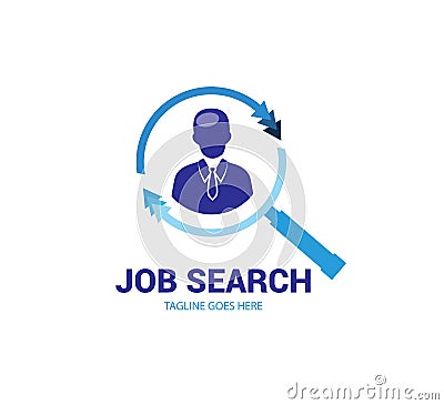 Job vacancy work blue search logo design. Magnify, department. Vector Illustration