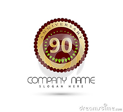 90th Years anniversary Golden badge logo. Cartoon Illustration