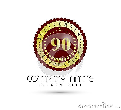 90th Years anniversary Golden badge logo. Cartoon Illustration