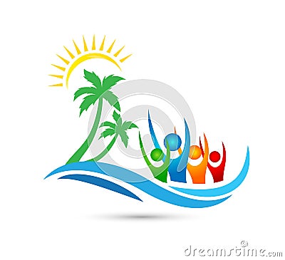 Traveling, travel, Beach happy people logo water wave Hotel tourism holiday summer coconut palm tree vector logo design Stock Photo