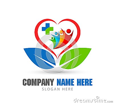 People together in hear shape, green leaf,healthcare logo new trendy high quality professional logo Stock Photo