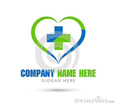 Medical health wellness clinic vector logo, Heart shape logo illustration. Doctor, pharmaceutical. Cartoon Illustration