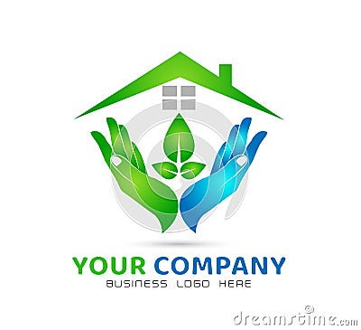 Green house community model abstract, leaf in hands real estate logo vector. Cartoon Illustration