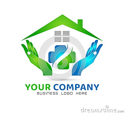 House community model abstract, Healthcare icon in hands real estate logo vector. Cartoon Illustration