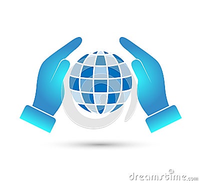 Globe protected by hand flat icon. Stock Photo