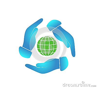 Globe protected by hand flat icon. Stock Photo