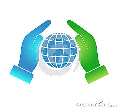 Globe protected by hand flat icon. Stock Photo