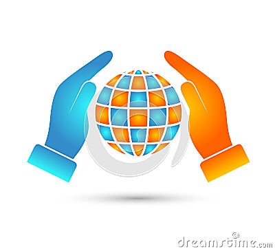 Globe protected by hand flat icon. Stock Photo