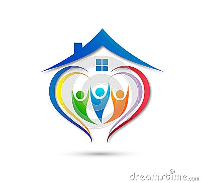 People union team work celebrating happyness family house logo/Love Union happy Heart shaped home house logo. Cartoon Illustration