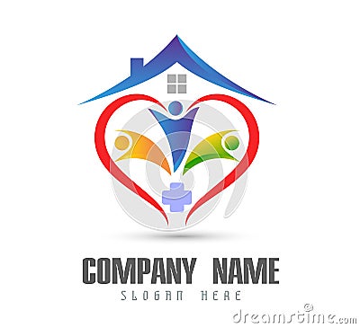 People union team work celebrating happyness family home logo/Love Union happy Heart shaped home house logo. Cartoon Illustration