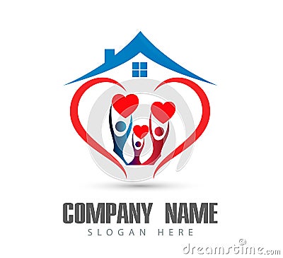 People union team work celebrating happyness family home logo/Love Union happy Heart shaped home house logo. Cartoon Illustration