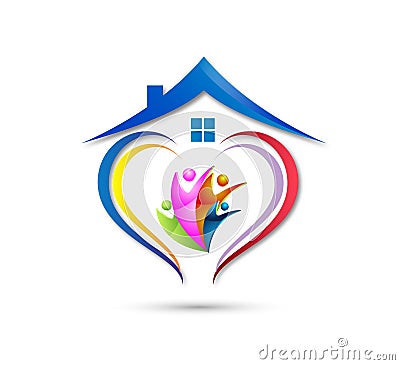 People union team work celebrating happyness family home logo/Love Union happy Heart shaped home house logo. Cartoon Illustration