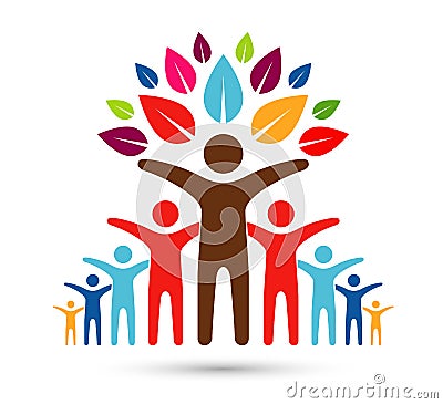 Tree people team icon Logo. Tree Care Logo Colorful Spirit Man Body Symbol Design Illustration. Stock Photo
