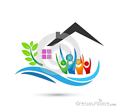 Eco green care home logo blue water wave vector illustration environment safety design. Cartoon Illustration