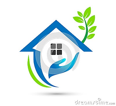 Eco green care home logo vector illustration environment safety design. Cartoon Illustration