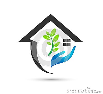 Eco green care home logo vector illustration environment safety design. Cartoon Illustration