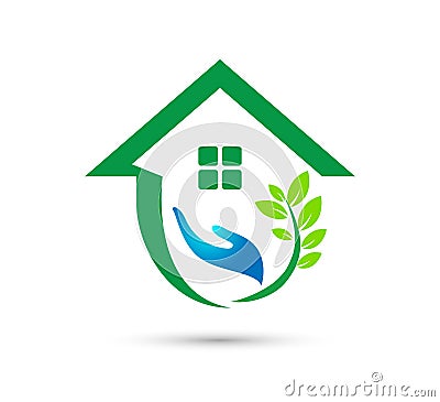 Eco green care home logo vector illustration environment safety design. Cartoon Illustration