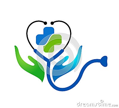 Stethoscope Heart in hands Medical Healthcare Logo Design Vector. Cartoon Illustration