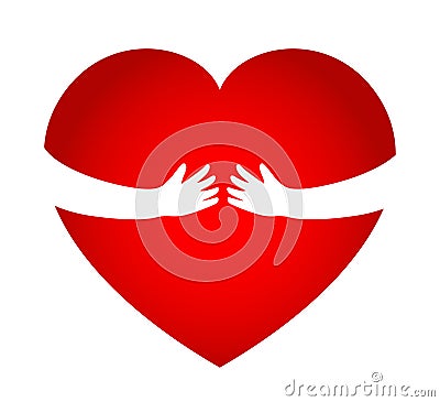 Red heart shape with hand embrace. Hug yourself logo Cartoon Illustration