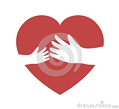 Red heart shape with hand embrace. Hug yourself logo Cartoon Illustration