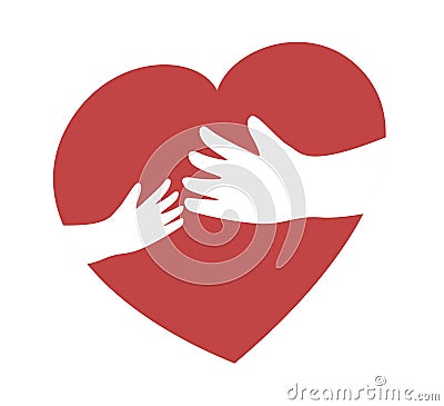Red heart shape with hand embrace. Hug yourself logo Cartoon Illustration