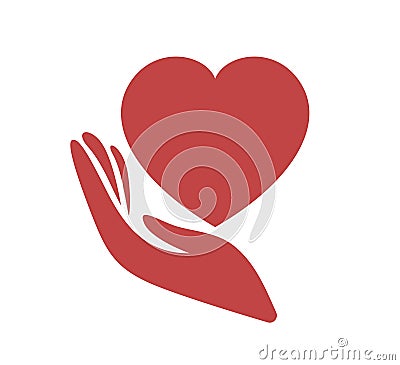 Red heart shape with hand embrace. Hug yourself logo Cartoon Illustration