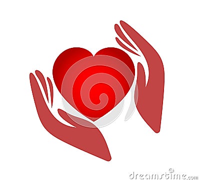 Red heart shape with hand embrace. Hug yourself logo Cartoon Illustration