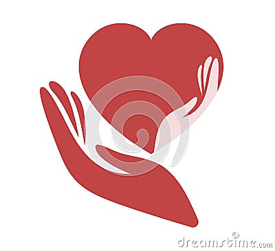 Red heart shape with hand embrace. Hug yourself logo Cartoon Illustration