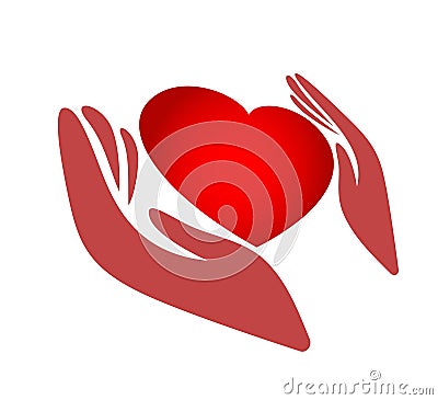 Red heart shape with hand embrace. Hug yourself logo Cartoon Illustration