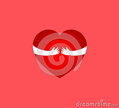 Red heart shape with hand embrace. Hug yourself logo Cartoon Illustration