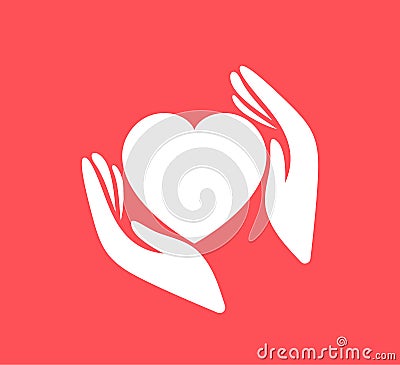 Red heart shape with hand embrace. Hug yourself logo Cartoon Illustration