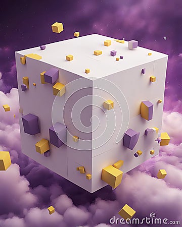 Dreamy Abstract Space with Floating Cube Stock Photo