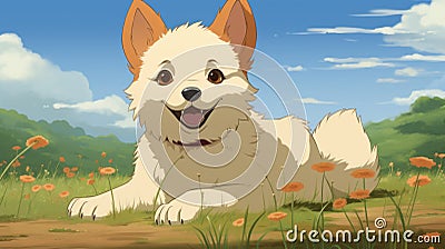 Dreamy Anime Art: Cute White Dog Cub In Studio Ghibli Style Stock Photo