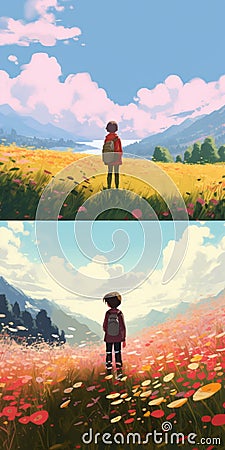 Dreamy Anime Art: Walking Through A Field Of Flowers Stock Photo