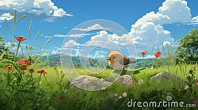 Dreamy Anime-inspired Bird In Grassland Concept Art Stock Photo