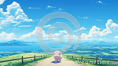 Dreamy Anime Picture Of A Pig On A Calm Country Road Stock Photo