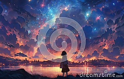 Dreamy Anime Scene A Girl Gazes At The Stars, Surrounded By Vibrant Night Hues Stock Photo