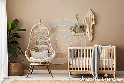 A nursery with macrame mobiles, rag rug, cozy kids room with furniture from natural materials. generative ai Stock Photo