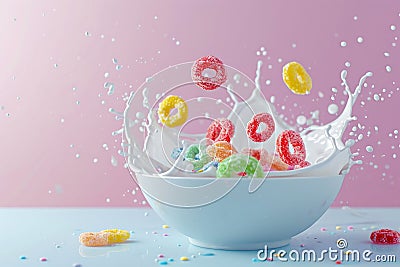 Dreamy Breakfast Scene: Fruit Loops Float in Tinted Milk. Stock Photo