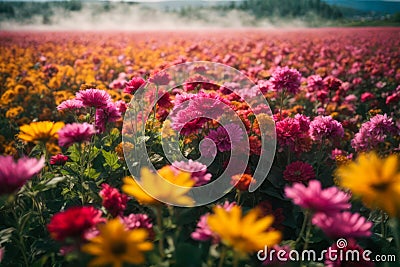 Dreamy colorful flowers field, with mountains scenery, fog around flowers landscape Stock Photo