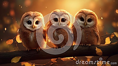 Dreamy Concept Art: Three Owls Perched On A Golden Branch Cartoon Illustration