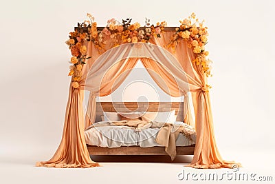 Dreamy Cottagecore Delight: Whimsical Canopy Bed on White Background Stock Photo