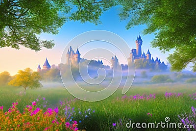 Dreamy depiction of a castle complex in the distance in front of a blooming flower meadow and the branches of bushes, made with Stock Photo